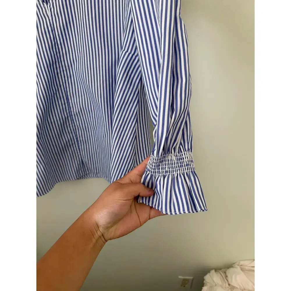 TUCKERNUCK Preppy Nautical Stripes Puff Sleeve Summer Beachy V-Neck Blouse